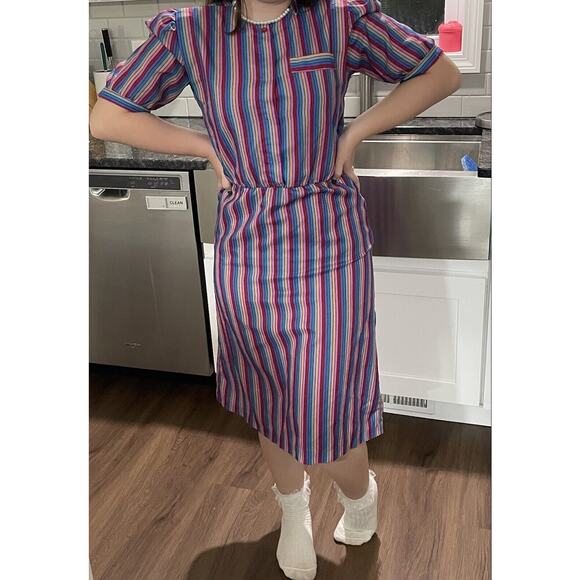 VTG Betsys Things Dress Rainbow Striped Midi 70s-80s Womens Size 7 Short Sleeve - Picture 1 of 9